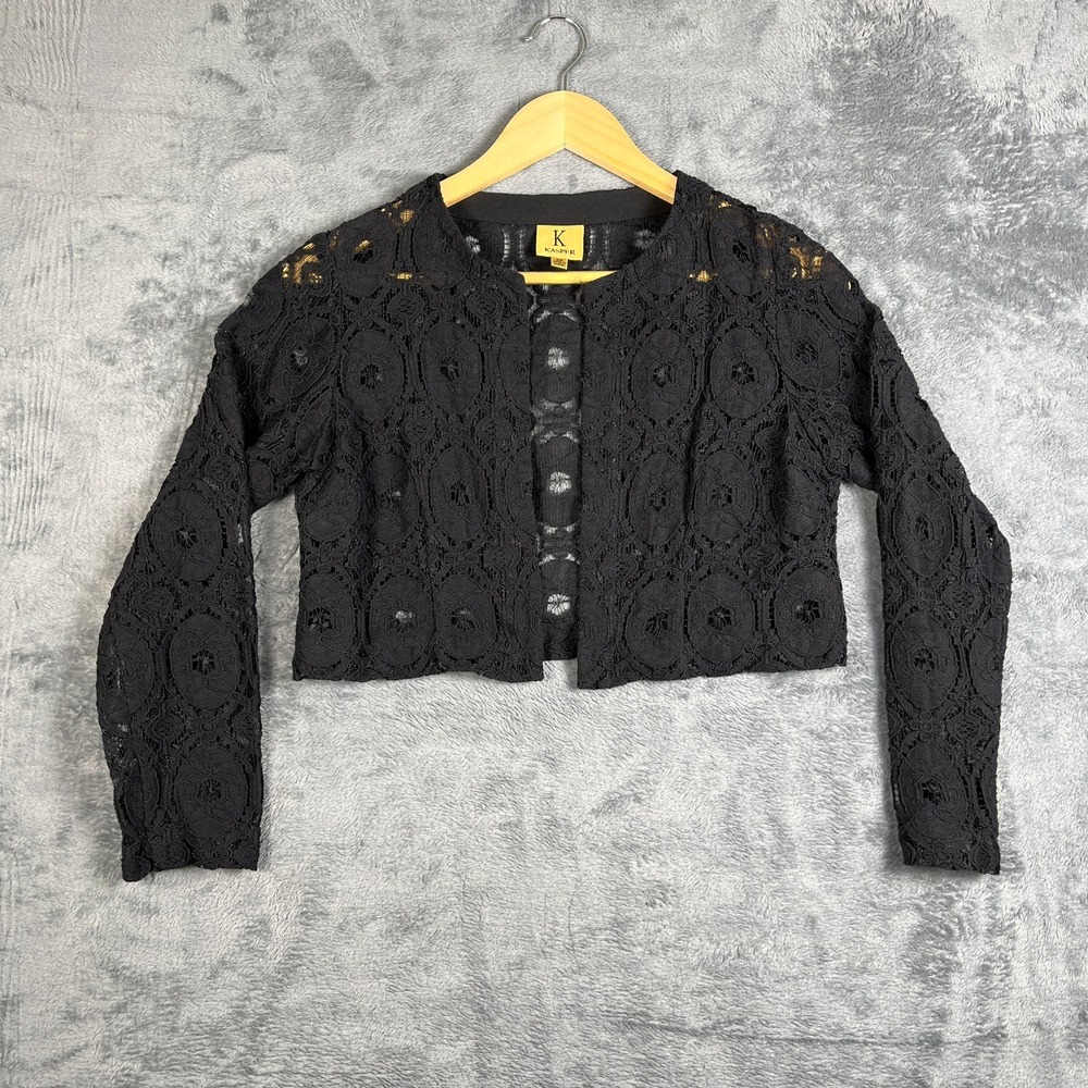 Kasper Shrug Cropped Jacket Women 4 Petite Black Floral Lace Textured Open Front
